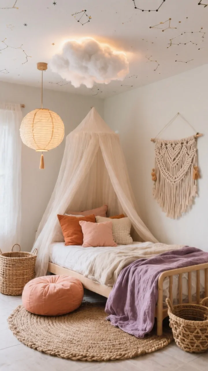 Photorealistic cozy medium shot of a boho cloud canopy reading nook at the side of a toddler bed: long gauzy canopy pooling slightly on the floor, layered pillows and a floor cushion underneath; warm neutrals with pops of peach, terracotta, and dusty lilac textiles; macramé wall hanging nearby, woven basket bins, and a braided jute rug underfoot; paper lantern or rattan pendant on a dimmer casting a soft, cloud-like halo; removable constellation decals scattered on the ceiling above; relaxed, airy vibe captured from a low seated perspective.