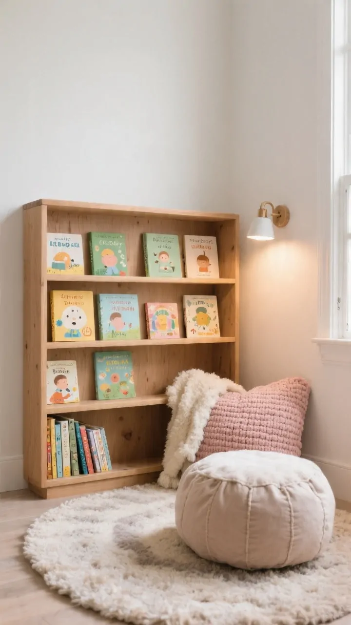 Photorealistic cozy reading nook, medium shot, straight-on: a toddler-height front-facing bookshelf displaying 8–12 books with covers facing out, a plush floor cushion and a small pouf on a soft textured rug; layered textures include a shearling throw and a chunky knit cushion in blush and sage. A dimmable sconce mounted low or a clip-on light attached to the shelf within child reach, casting warm, gentle illumination suitable for quiet time. Calm corner mood with warm white walls and natural wood elements.