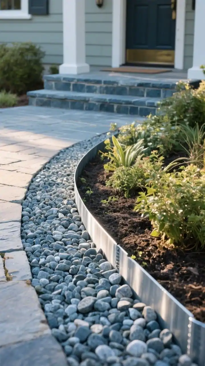 Photorealistic detail closeup at a low angle focusing on crisp edging and hardscape: a precise steel edging line defining a planted bed from a refreshed pea gravel path; visible sturdy bender board neatly containing the gravel; nearby entry upgraded with bluestone pavers creating a custom-feel landing that ties to the home’s trim color; textures sharp galvanized steel edge, rounded pea gravel, smooth bluestone soft morning light enhancing material definition, no people.