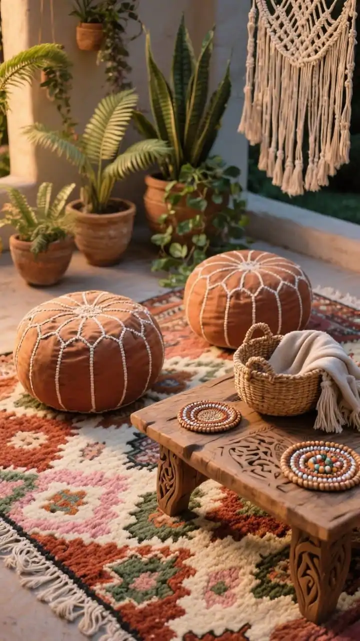 Photorealistic detail closeup, boho retreat textures: focus on a plush Moroccan-style outdoor rug with warm rust, cream, blush, and moss tones; two oversized floor poufs with woven texture partially in frame; a low carved-wood coffee table with beaded coasters and a woven basket holding fringe throws; hint of macramé hanging softening the background and layered planters at different heights (ferns, snake plant, trailing pothos); warm, diffused evening light enhancing pattern and fringe detail; overhead angle.