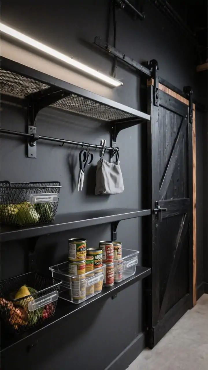Photorealistic detail closeup capturing the urban utility pantry’s high-contrast drama: matte black steel shelves against charcoal-painted walls, an LED light bar under the shelf casting a moody glow; mesh bins holding produce, clear acrylic risers neatly stacking canned goods with labels visible; a rail-mounted magnetic strip securing scissors and bag clips; hints of exposed black brackets and a sliding barn door in blackened oak at the frame edge; palette of charcoal, matte black, and stainless steel; tight, low-angle shot for industrial texture and function.