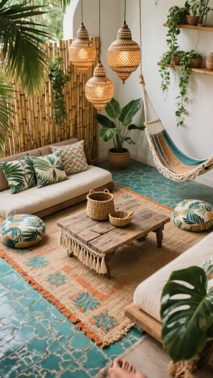 Photorealistic detail closeup from overhead of a boho bamboo lounge vignette: encaustic-style patterned tiles in teal and terracotta underfoot, edges of a jute rug, low tropical-print floor cushions, and a reclaimed wood coffee table with woven baskets and tassel accents. Hints of bamboo privacy screens and trailing pothos on wall shelves in the background; potted palms and rubber plant leaves framing the shot. Rattan pendants and a Moroccan-style lantern cluster softly glowing above; double hammocks and a macramé swing partially visible at frame edge; layered, colorful, barefoot vibe; no people.