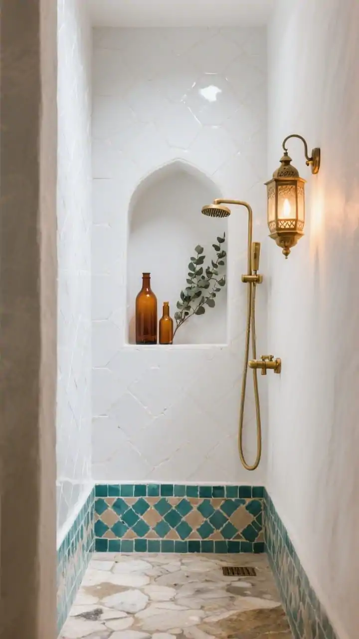 Photorealistic detail closeup inside a narrow Moroccan-style alcove wrapped in glossy white zellige tile, the light shimmering on its irregular surface; a petite arched niche with amber glass bottles and a small bundle of eucalyptus; lower curb edged in teal-and-sand mosaic; brushed brass handheld shower and cross handles gleaming; tumbled limestone slab floor slightly dappled with moisture; warm lantern-style sconce glow suggesting boutique riad ambiance, palette of chalk white, teal, and brushed brass