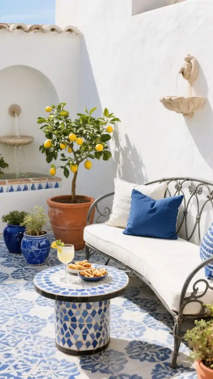 Photorealistic detail closeup, Mediterranean courtyard vignette: a petite round mosaic side table holding spritzes and snacks beside a curved wrought-iron loveseat layered with ivory and indigo cushions; whitewashed planters and cobalt-blue ceramics nearby; patterned tile floor (or painted stencil) visible with sunlit texture; a wall-mounted fountain-style water feature softly trickling in the background; lemon tree in a clay pot adding terracotta warmth; color palette ivory, cobalt, terracotta; shallow depth of field, angled close shot highlighting curves and tile pattern