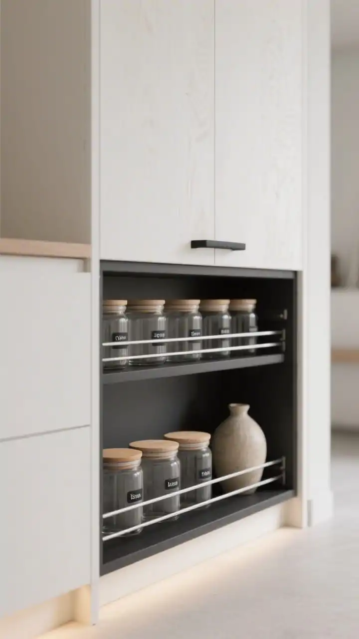 Photorealistic detail closeup of a Scandinavian slide-out pantry tower partially extended, slight side angle: full-height white oak panel facade with black powder-coated handle; inside, slim metal rails hold uniform glass jars with pale wood lids, neatly labeled in minimalist type; clean natural oak and soft white tones with matte black accents; recessed toe-kick LEDs create a floating effect along the base; a single ceramic vase sits in an adjacent niche blurred in background; calm, minimal, zero visual clutter.