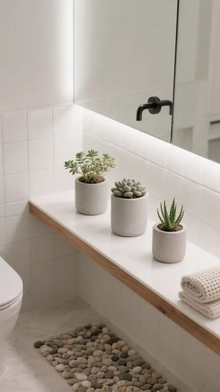Photorealistic detail closeup of a spa-calm bathroom niche: a long recessed shelf lined in matte white tile with a thin teak ledge floating inside. Three micro concrete cylinder planters spaced generously sedum, lithops, and a mini aloe stand out against low-contrast surroundings. Nearby hints of a waffle towel stack, a pebble bath mat texture, and a frameless mirror edge. Bright, indirect, evenly diffused light; brushed nickel (or black) fixtures subtly in frame. Mood is serene and minimal.