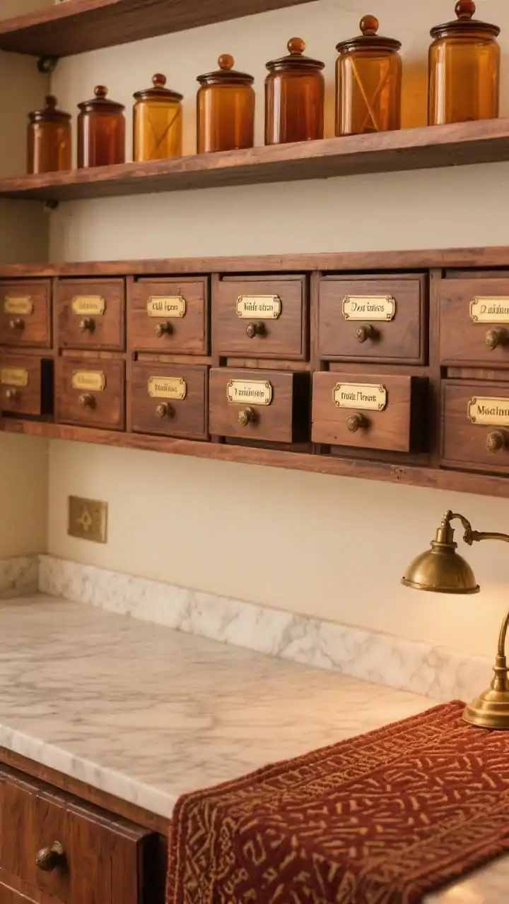 Photorealistic detail closeup of a vintage apothecary wall: a row of shallow wooden apothecary-style drawers with rich walnut tone, each featuring a brass card holder label reading kibble toppers, dental sticks, training treats, medications. Above, the bottom edge of thick walnut shelves shows amber glass canisters with airtight stoppers catching warm light. A glimpse of a marble slab prep surface and the warm glow of a petite pharmacy lamp. Cozy, old-world ambiance with colors of walnut, amber, brass, cream, and hints of deep rust from a patterned runner.