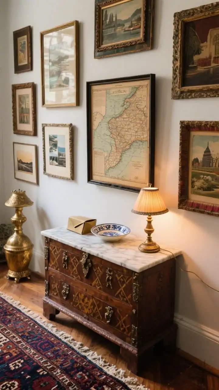 Photorealistic detail closeup of a Vintage Eclectic gallery wall vignette: mismatched frames holding flea-market art, travel photos, and a framed textile or old map layered salon-style; a petite antique chest below (marble top or inlaid wood) with a vintage lamp glowing warmly and a porcelain dish for mail; edge of a Persian runner/kilim visible with deep jewel tones; brass accents and warm woods emphasized; intimate, collected mood with rich textures and patina.