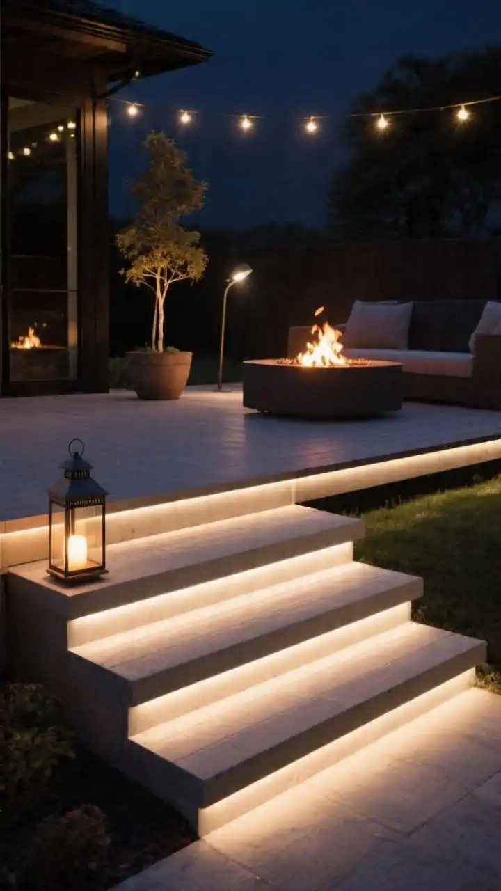 Photorealistic detail closeup of layered illumination on a tiered deck: warm white (2700–3000K) LED step lights on stair nosing creating a floating effect; under-rail LEDs washing the deck edge; a lantern softly glowing near the fire pit; an uplight aimed at a small tree or tall planter in the background; visible clearance from any open flame to overhead string lights; moody, safe, and dramatic night scene without people