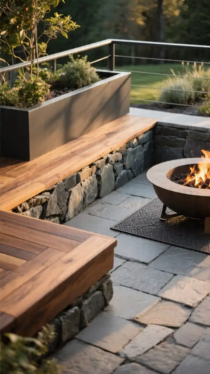 Photorealistic detail closeup of mixed materials: warm wood decking grain meeting a stone or paver fire pit edge, with powder-coated steel planter and cable railing in frame; cohesive single color palette of charcoals, toffee, and sage visible in materials and nearby foliage; a discrete thermal mat or stone pad beneath a portable fire pit area; crisp focus on texture contrast smooth steel, rugged stone, tactile wood shot in golden-hour side light
