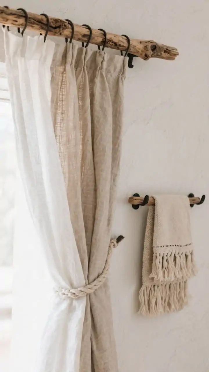 Photorealistic detail closeup of textiles layered with driftwood hardware: linen curtain panels in white and warm greige casually knotted on a driftwood rod; adjacent driftwood hook rail holding a tasseled cotton towel; tactile focus on the grain of the driftwood and the weave of linen and cotton; muted palette of oats and greige with matte black accent clips; soft, diffuse daylight grazing the textures; clean plaster wall background.