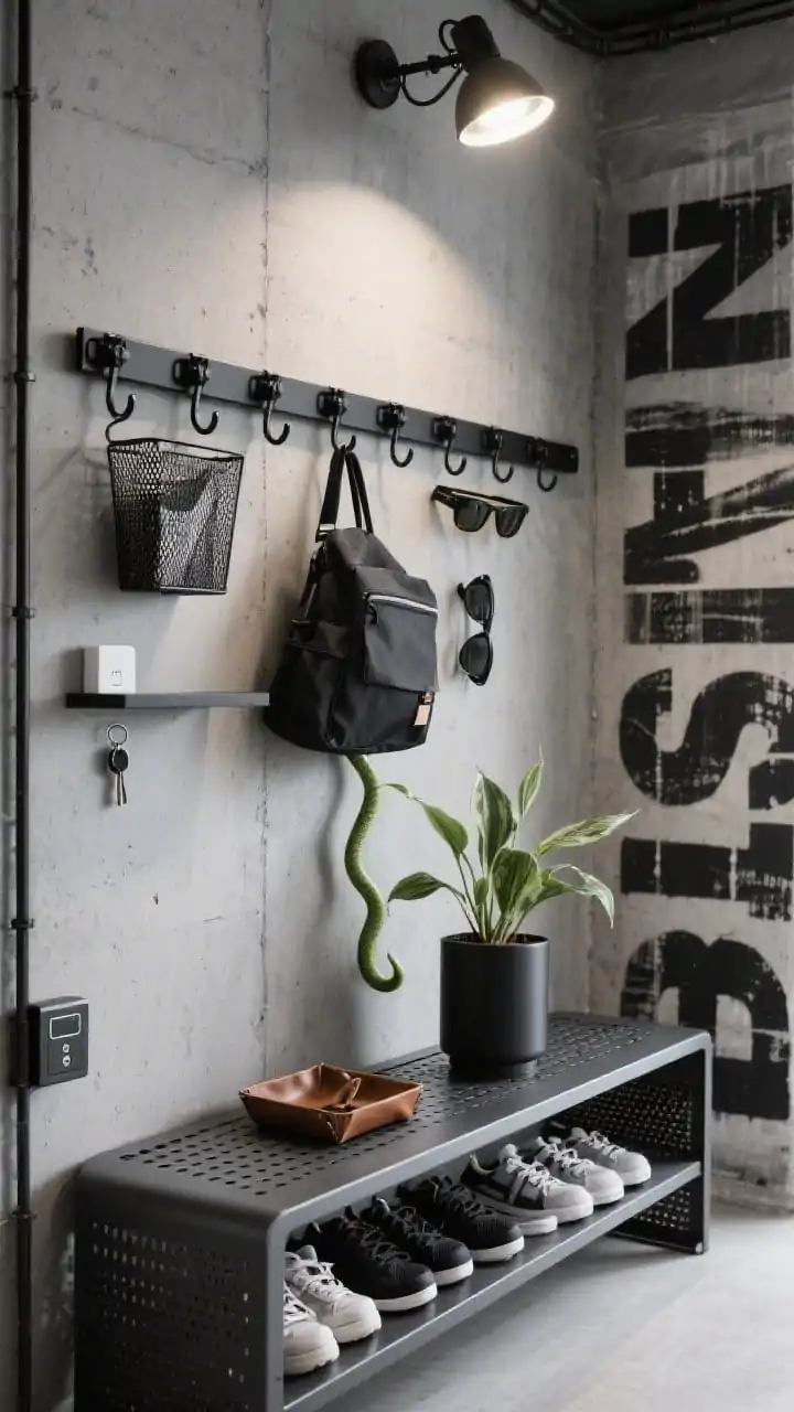 Photorealistic detail/medium shot of an Industrial Urban Rail System: matte-black modular wall rail with clip-on mesh bins, S-hooks holding bags, and a hanging shelf organizing sunglasses and mail. Below sits a low powder-coated metal bench with perforated shelves showing ventilated sneakers. Backdrop is cool gray concrete-effect paint with a bold black-and-white typographic print. A pivoting track spotlight aims bright light at the drop zone. Tech touches include a magnetic key rack, a slim wall charger, and a small shelf for a smart lock keypad. A hardy snake plant in a black cylinder pot and a leather catchall tray complete the scene. Gritty, adaptable, urban; no people.
