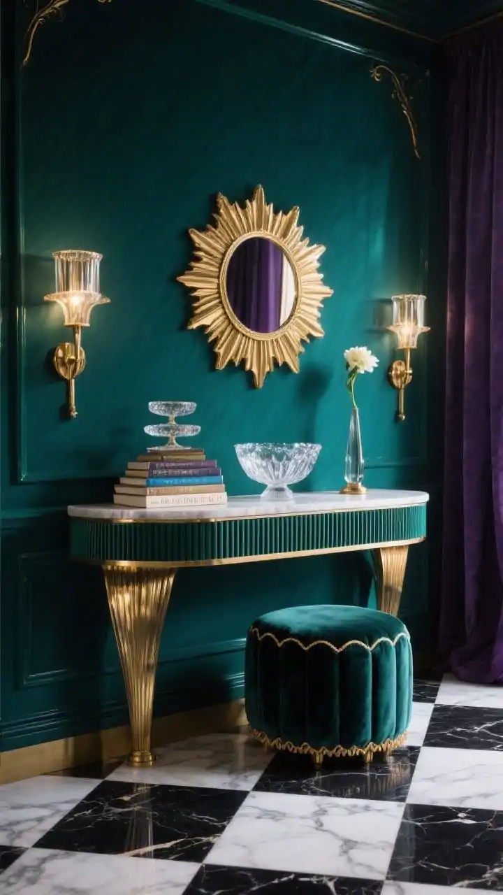 Photorealistic detail-to-medium shot capturing Art-Deco glam: semi-gloss jewel-toned wall (emerald, sapphire, or aubergine) meeting a black-and-white marble checkerboard floor; fluted console with brass trim topped by a radiant sunburst mirror; scalloped velvet ottoman tucked nearby; paired tiered deco sconces casting a moody glow; styled surface with a crystal bowl, glossy stacked books, and a single long-stem bloom in a narrow vase; glamorous, polished, statement-making scene; no people.