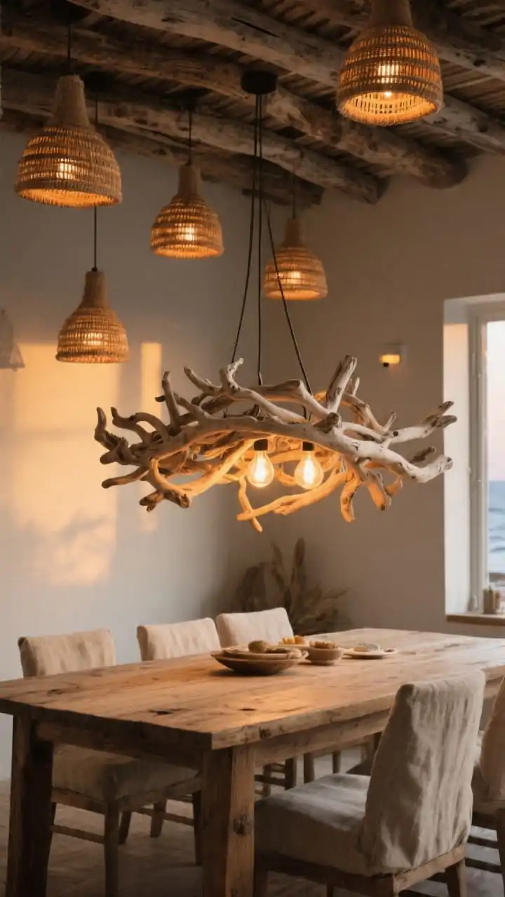 Photorealistic dining area medium shot at golden hour with coastal lighting: a sculptural chandelier made of bleached driftwood branches arranged like a cloud over a reclaimed wood dining table; warm 2700K bulbs casting a soft, moody-but-breezy amber glow; optional driftwood canopy with staggered woven jute/rattan pendants in the background; dimmer ambiance visible through gentle light falloff; neutral palette with flax linen textures and subtle shadows.