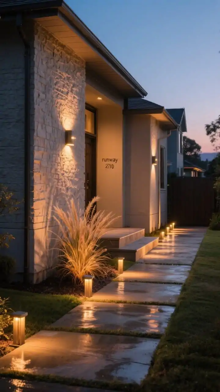 Photorealistic dusk/evening medium shot of a front path lit with layered warm lighting: staggered low, warm LED path lights (2700–3000K) alternating sides for a natural flow; subtle uplights grazing a textured facade and a sculptural ornamental grass clump, adding depth; gentle step and porch lighting via under-tread fixtures and soft sconces for safety without glare; balanced exposure showing cozy ambience, no harsh “runway” symmetry, wet pavement sheen for glow optional, no people.