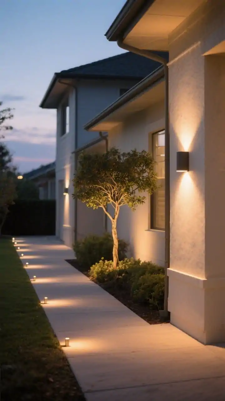 Photorealistic dusk exterior showing subtle, architectural lighting: evenly spaced low path lights casting soft pools along a narrow walkway (no harsh glare), warm bulb temperature around 2700–3000K. Two discrete uplights: one highlighting a compact ornamental tree and one grazing a house column for gentle drama. Balanced, non-stadium ambiance with soft, warm glows; straight-on wide shot that captures the perimeter lighting without blowing highlights.