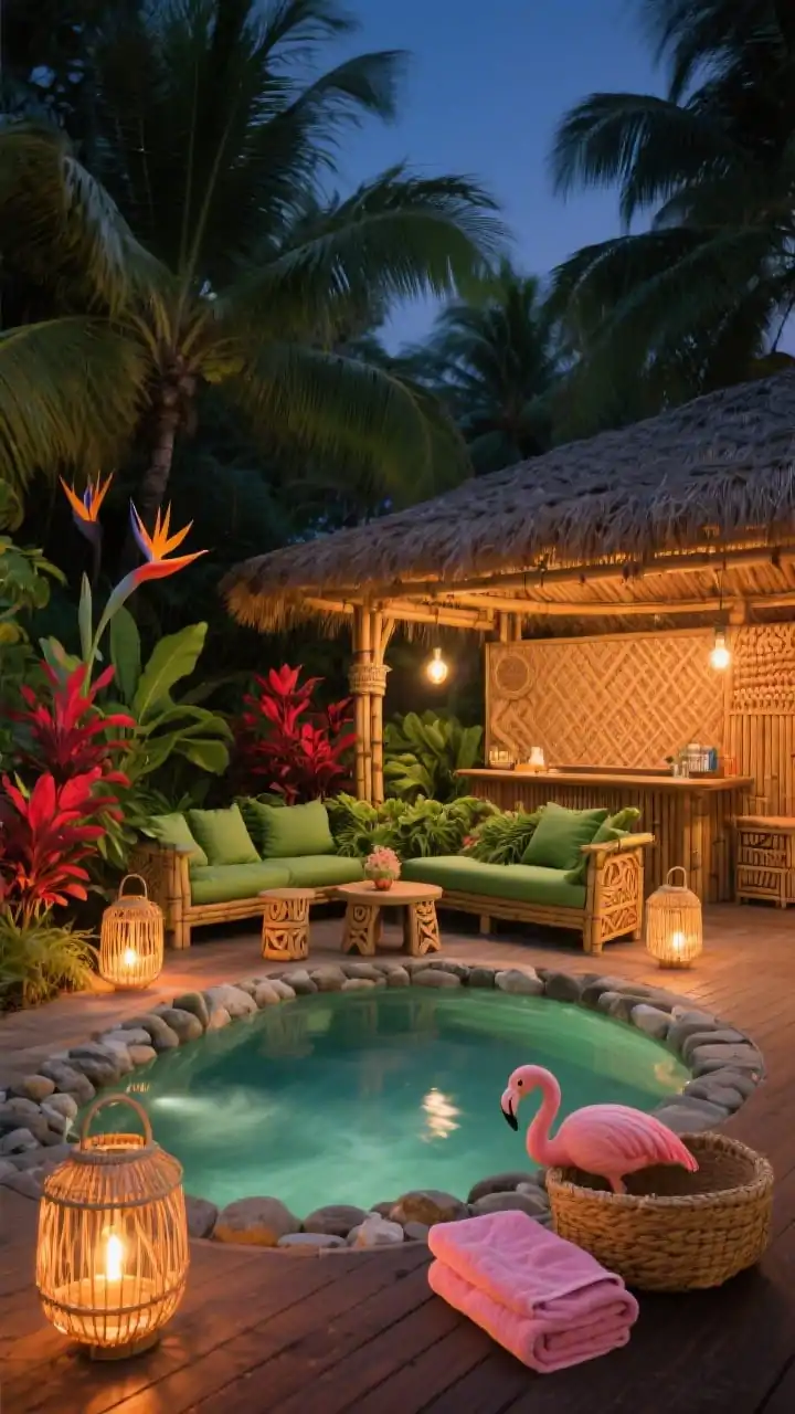 Photorealistic evening wide shot of a Tropical Tiki hideaway: snug kidney-shaped pool edged in smooth river rock, enveloped by areca palms, red ti plants, and bird of paradise; a thatch-topped pergola shading a bamboo sectional with lush fern-green cushions; carved tiki stools as end tables; rattan lanterns and warm Edison bulbs casting amber glow; compact bamboo bar with woven mat paneling; accents in jungle greens, sunset coral, and golden straw; flamingo pink towels and woven baskets on the deck; steamy, moody nighttime ambiance.