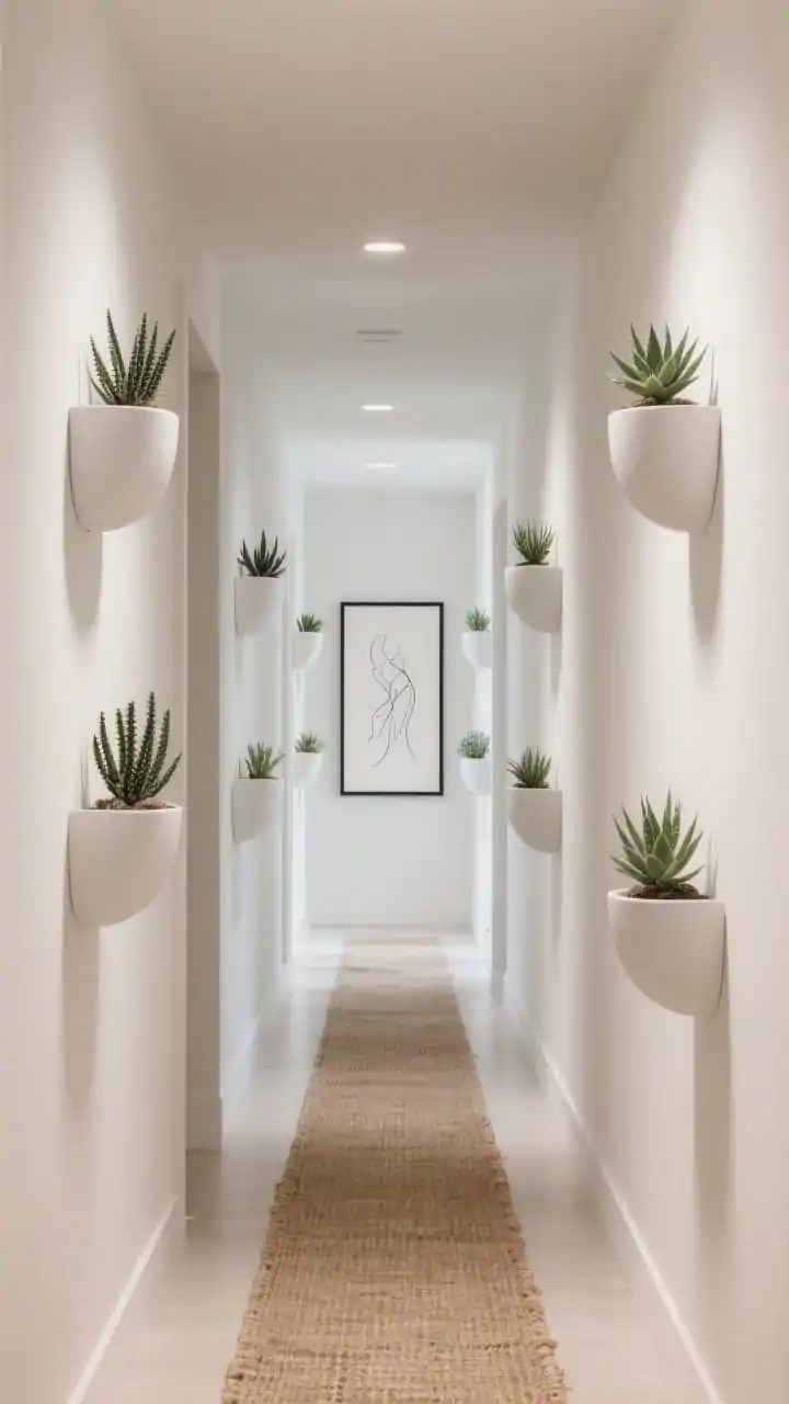 Photorealistic hallway medium-wide shot, straight-on perspective down the corridor: staggered thin half-moon wall planters in matte white on both parallel walls at varying heights, each holding a tidy haworthia or echeveria. Floor kept clear with a narrow jute runner adding texture. At the end of the hall, a single black-framed line drawing draws the eye forward. Slim wall washers graze the planters with soft, even light, creating an airy, gallery-like, intentional rhythm.