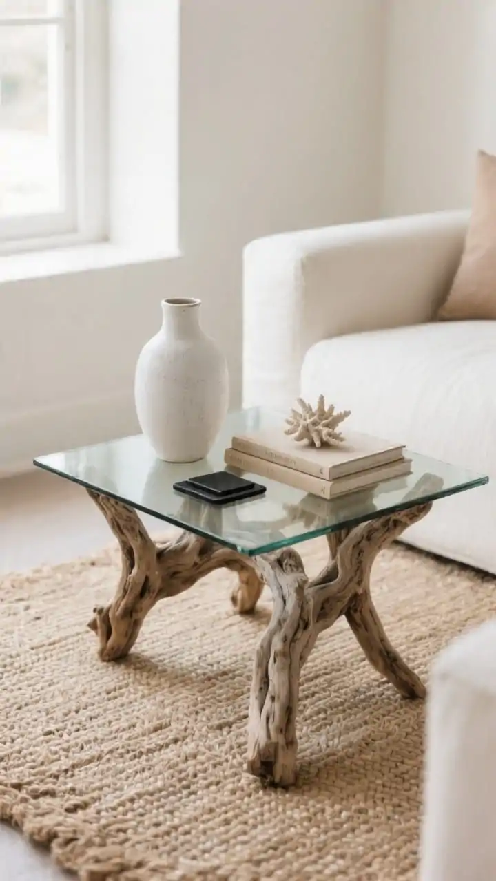 Photorealistic living room corner medium shot highlighting a glass-topped driftwood coffee table with an airy base; styling formula applied: 1 tall element (chalky white ceramic vase), 1 horizontal stack (two neutral-toned books), 1 organic object (a small piece of coral or shell); soft finishes with matte black coasters for contrast; woven textures nearby (subtle jute rug), and warm sand, bone white, and soft taupe colors; natural daylight, straight-on perspective to showcase the artisan base.
