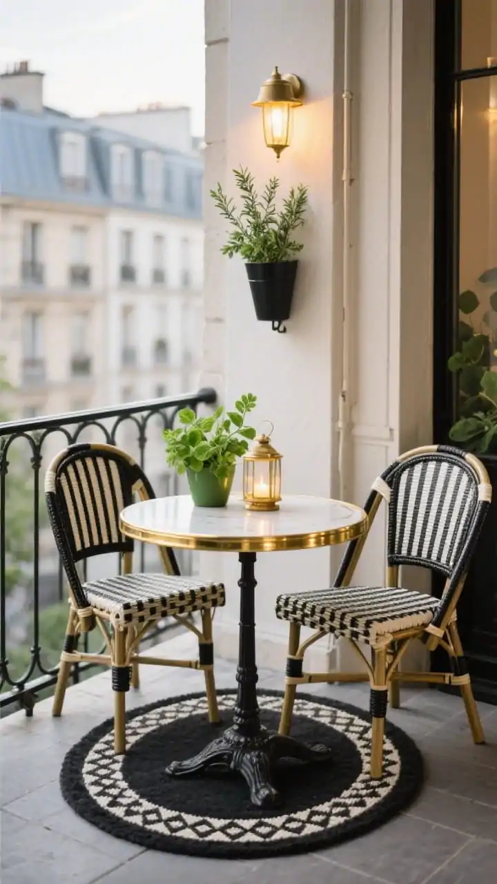 Photorealistic medium balcony scene, Parisian café chic: a petite round bistro table with two slim-profile woven café chairs in black-and-cream stripes, a small outdoor rug with a subtle diamond pattern underfoot, brass accents on the table edge, glossy green potted herbs (thyme, rosemary, mint) in a slender wall-mounted planter, a tiny table lamp or candle lantern casting a golden-hour glow; palette of black, cream, brass, and glossy greens; straight-on angle to emphasize symmetry and cozy scale, no people.