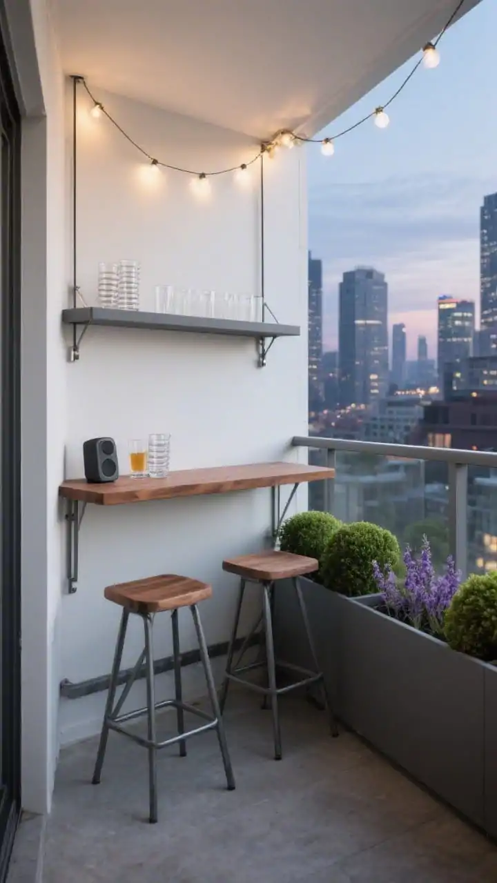 Photorealistic medium balcony scene, urban entertainer: a slim rail-mounted bar shelf in graphite metal with walnut wood top, two folding bar stools tucked neatly beneath, a narrow linear planter box along the edge with structured greenery (boxwood or lavender), string lights draped above, a compact Bluetooth speaker and stackable drinkware on the ledge; palette of graphite, walnut, and crisp white; twilight city glow highlighting polished, vertical design; side angle emphasizing the perch-like skyline view, no people.