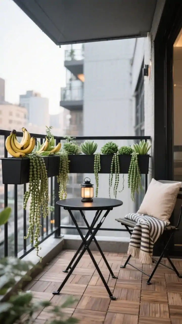 Photorealistic medium balcony shot from an exterior angle looking inward: black metal modular rail planters clipped in clean rectangles along the railing. Planting pattern repeats string-of-bananas spilling over, a row of compact jade, with burro’s tail accents for drape. Floor is covered with interlocking wood tiles; a matte black foldable bistro set sits neatly with a neutral outdoor pillow and a subtle striped throw. Urban, graphic, and tidy mood with natural daylight; a small battery lantern hints at evening glow.