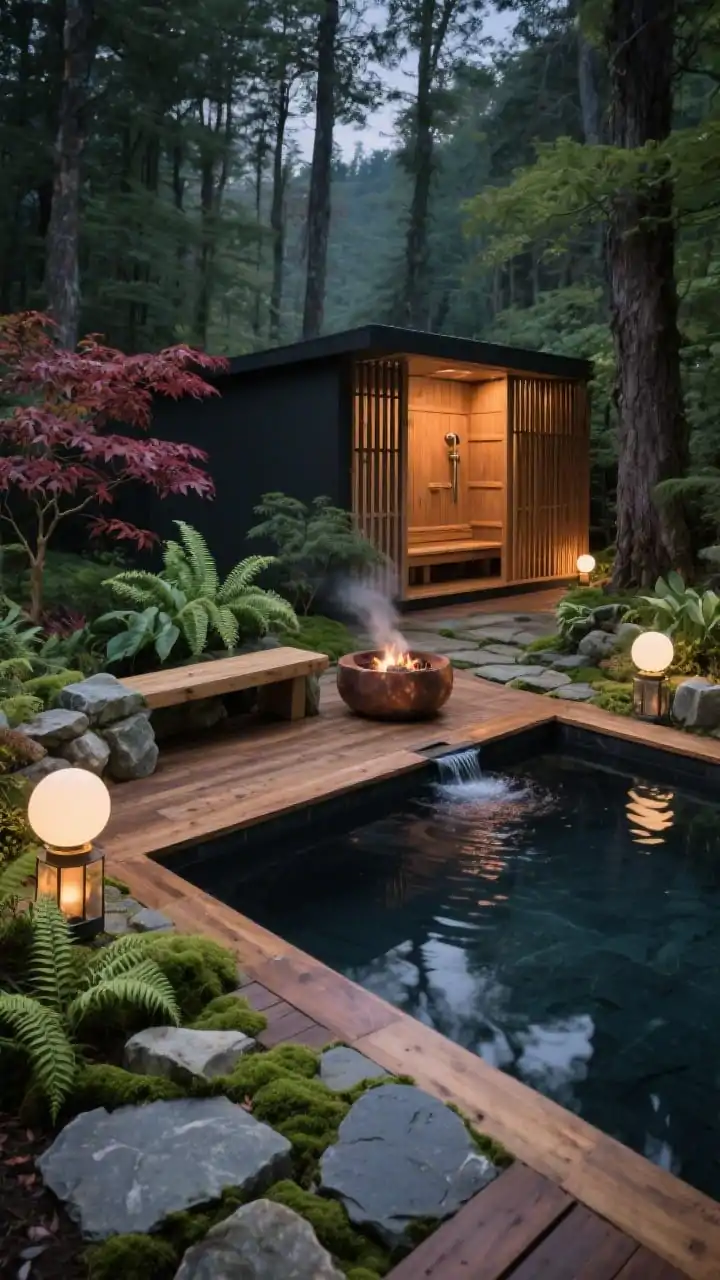 Photorealistic medium closeup detail of a woodland spa sanctuary corner: a dark-bottom plunge pool encased in cedar decking and mossy fieldstone, with ferns, hostas, and Japanese maples hugging the edge. A stone bench sits beside a smokeless fire pit; a softly bubbling rill threads toward the water. Soft globe lights and pathway lanterns warm the scene at twilight. In the background, a slatted-screen cedar sauna or outdoor shower nestles among trees. Palette: charcoal, cedar honey, moss green, burgundy leaf. Materials: cedar, river rock, slate, hammered copper.