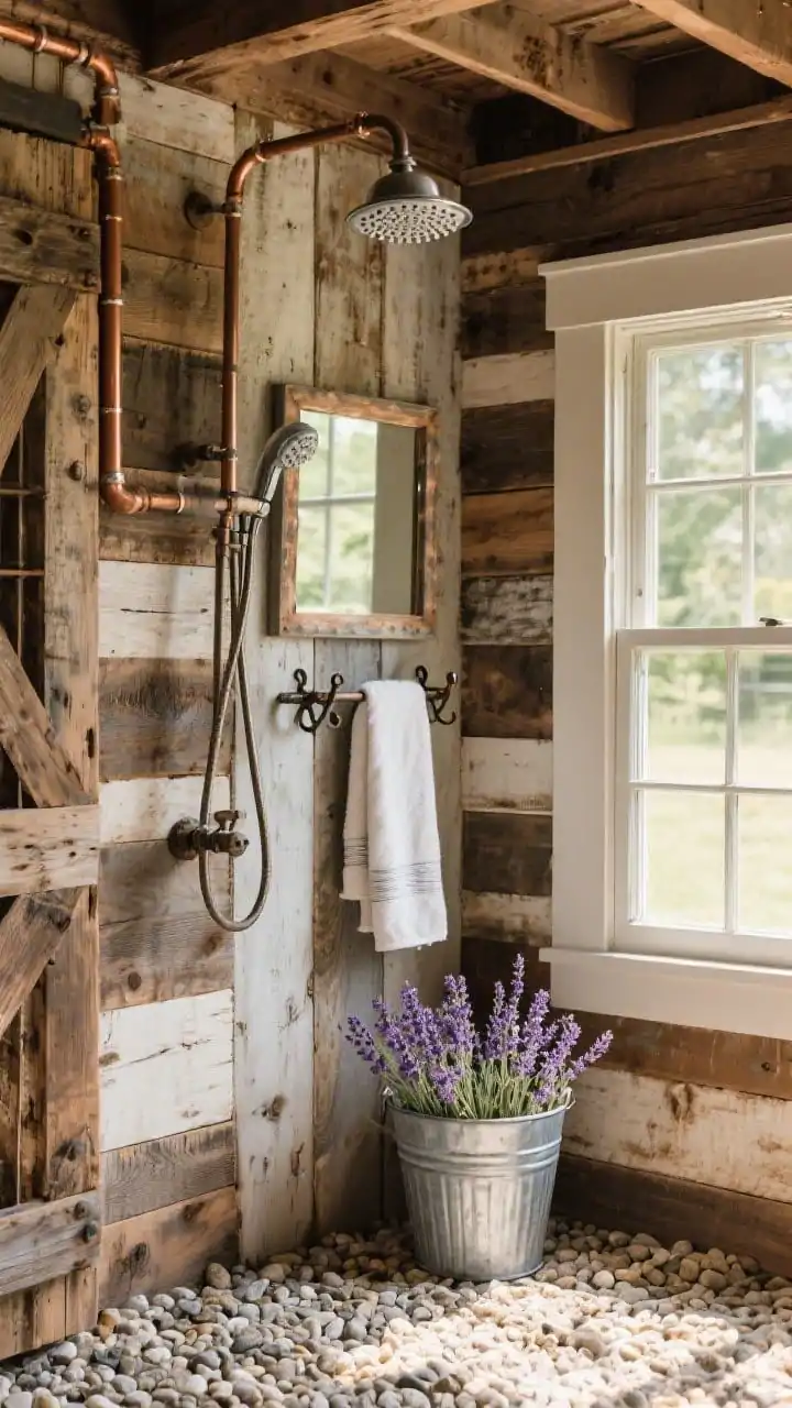Photorealistic medium closeup of a rustic farmhouse stall interior: sealed reclaimed barn boards in mixed widths showing weathered patina; antique-style galvanized shower head on exposed copper piping; pea gravel floor visible beneath a removable cedar grate; forged iron hook rail holding a towel, small window-style mirror reflecting light, galvanized bucket with fresh lavender; warm afternoon light, cottage farmyard luxe palette of weathered wood, galvanized metal, and iron