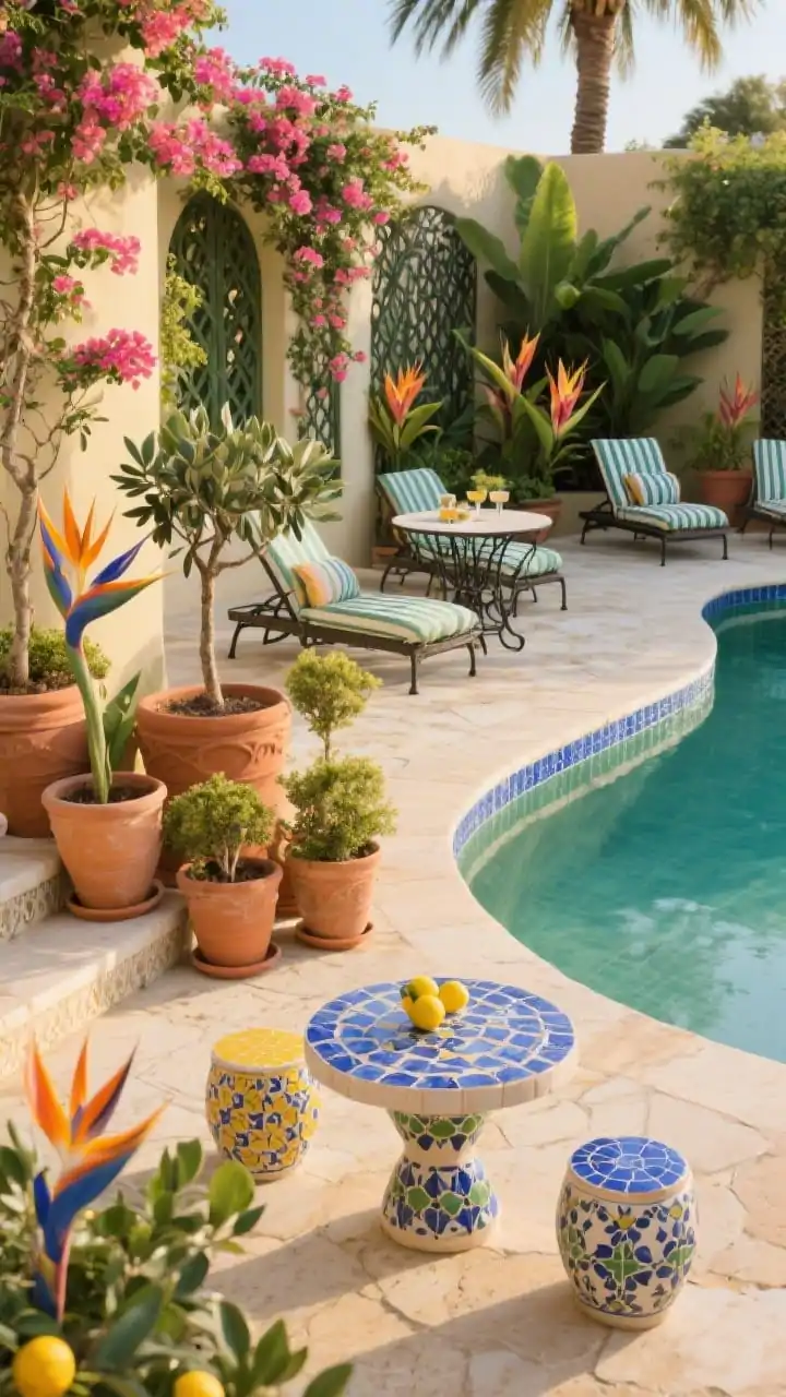 Photorealistic medium corner angle of a tropical Mediterranean fusion poolside: clusters of terracotta pots in varied sizes near pool steps, planted with bird of paradise, small olive trees, and dwarf citrus. Cream travertine in a French pattern, and a cobalt or emerald tile waterline for contrast. Bougainvillea climbing trellises alongside palms and ginger lilies for a romantic, abundant mix. Curved wrought-iron loungers with striped cushions, a round bistro set for aperitivo, and mosaic side tables with a few ceramic stools. Palette pops of cobalt, coral, lemon yellow, and lush green against sun-kissed neutrals; warm late-afternoon light; no people.