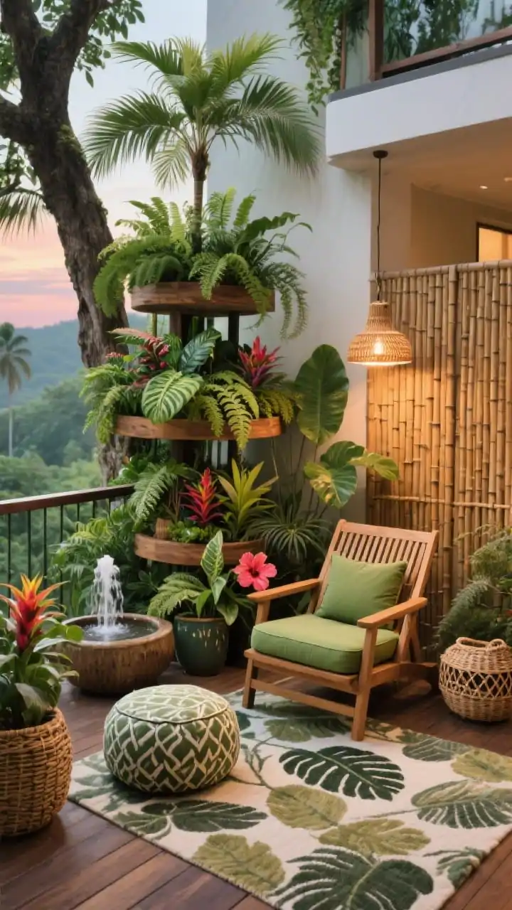 Photorealistic medium corner-angle shot of a tropical treetop escape: tiered plant stand overflowing with ferns, calatheas, philodendrons, and a dwarf areca palm; teak lounge chair with moss-green cushions and a patterned outdoor pouf; bamboo screens creating privacy along the railing; rattan pendant lights emitting a soft sunset glow; compact fountain tucked among plants for water ambiance; woven seagrass baskets, rattan and teak textures; leaf-print outdoor rug tying the scene; pops of color from bromeliads and hibiscus in glossy planters; lush, sensory vibe.