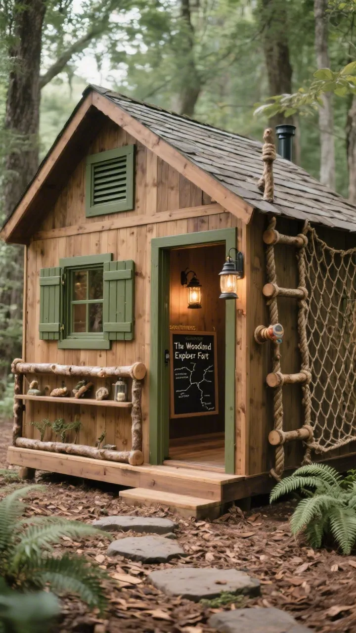 Photorealistic medium corner-angle shot of “The Woodland Explorer Fort”: a 7x5’ fort with vertical plank siding in cedar stain and a low-pitch shed roof; covered porch with half-height railing; log-style ladder made from rounded dowels; side cargo net for climbing and a fireman’s pole for exit. Two square windows with hinged shutters painted olive. Ground cover of wood chips with stepping stones edged by ferns. Interior glimpse shows clip-on lanterns, a narrow wall shelf with “specimens,” and a mini chalkboard map. Earthy palette: cedar, olive green, charcoal, natural rope. Dappled forest shade lighting, rugged lodge vibe, no people.