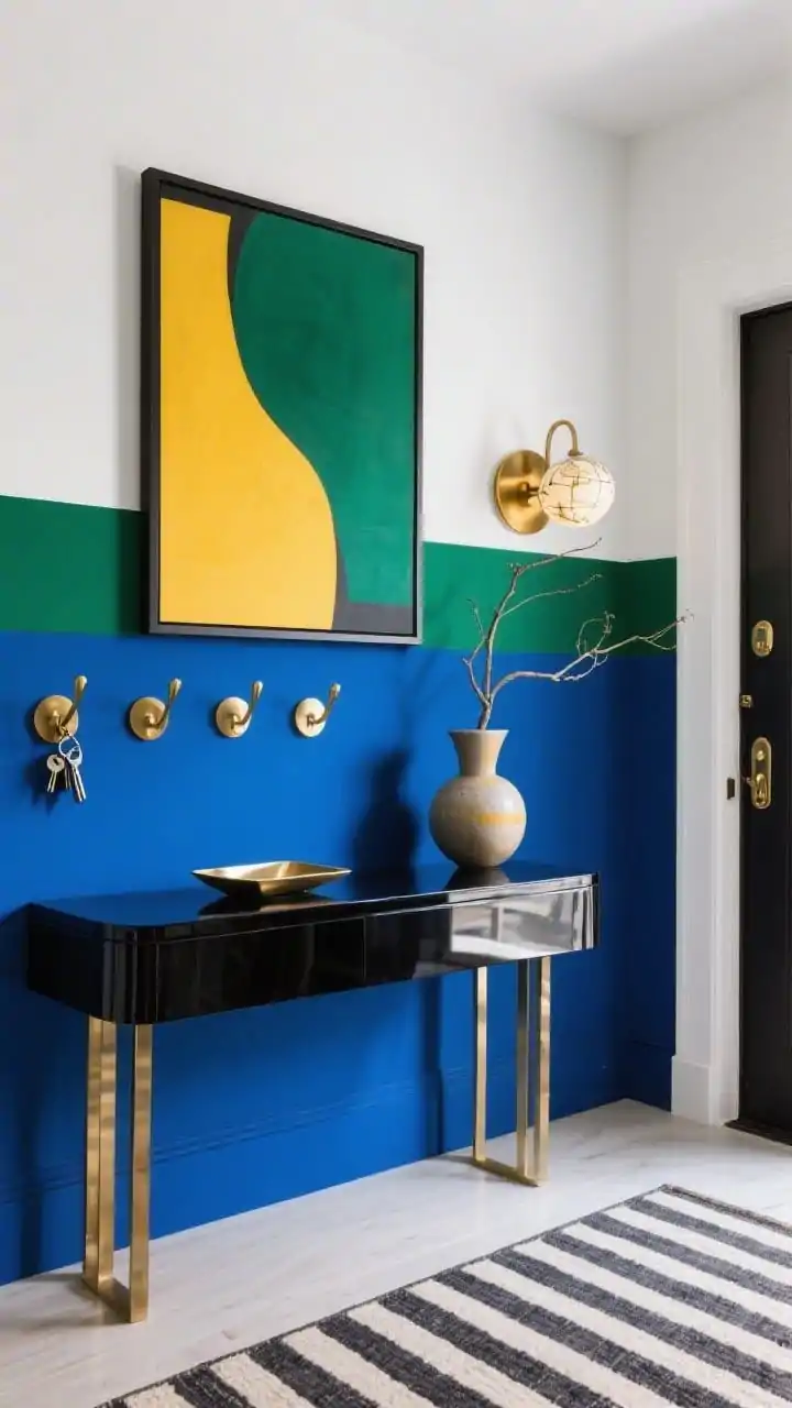 Photorealistic medium, corner-angle view of a Bold Color Block entry: the lower two-thirds of the wall painted in rich cobalt (or saffron or forest green) with the top third crisp white, a glossy lacquered console centered below an oversized modern artwork, brass hardware details including gleaming coat hooks and a sculptural tray for keys, a globe sconce with a brass backplate casting warm light, and a flatweave striped rug echoing the paint line; include a single-branch arrangement in an oversized modern vase; gallery-like, punchy mood.