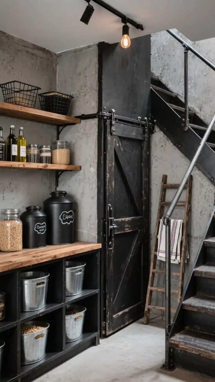 Photorealistic medium corner shot of an industrial pantry built under the stairs: blackened steel open shelving with wood plank shelves against a textured micro-cement wall; lower cubbies contain galvanized bins for bulk items; higher shelves display oils, grains, and oversized canisters; a sliding reclaimed barn door on a steel track partially open; exposed filament track lights tucked under the stair run cast dramatic highlights and shadows; accents include black wire baskets, chalkboard labels, and a leaning vintage ladder with tea towels; palette of charcoal, warm wood, concrete gray; bold, gritty, organized.