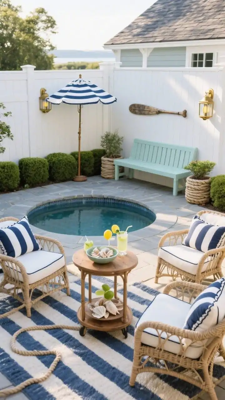 Photorealistic medium courtyard scene in a Nautical Cape Cod style: small oval plunge pool bordered in bluestone, enclosed by a white clapboard fence lined with clipped boxwood; navy-and-white cabana stripes on textiles and umbrella, brass lantern sconces on the fence, a painted bench in soft seafoam; wicker club chairs with navy-piped cushions, striped outdoor rug, rope-trim pillows, weathered oar wall art, coiled-rope planters; a small teak bar cart with lemon-lime spritzers and a bowl of seashells; serene morning light with soft shadows, corner angle.