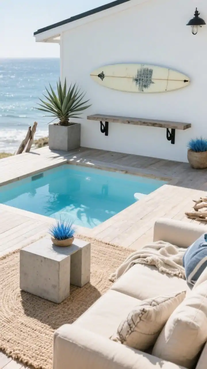Photorealistic medium deck scene of a Surf Shack minimalist look: compact stock tank pool painted soft saltwater blue set into a pale cedar deck; low-slung sectional in sandy beige with rugged cotton throws and a jute rug; a surfboard mounted as art above a slim console; concrete cube tables and matte-black wall hooks; spiky agave and blue fescue in fiberstone planters; palette of misty blues, oat, driftwood, and matte black; bright coastal afternoon light, relaxed vibe, slightly angled perspective.