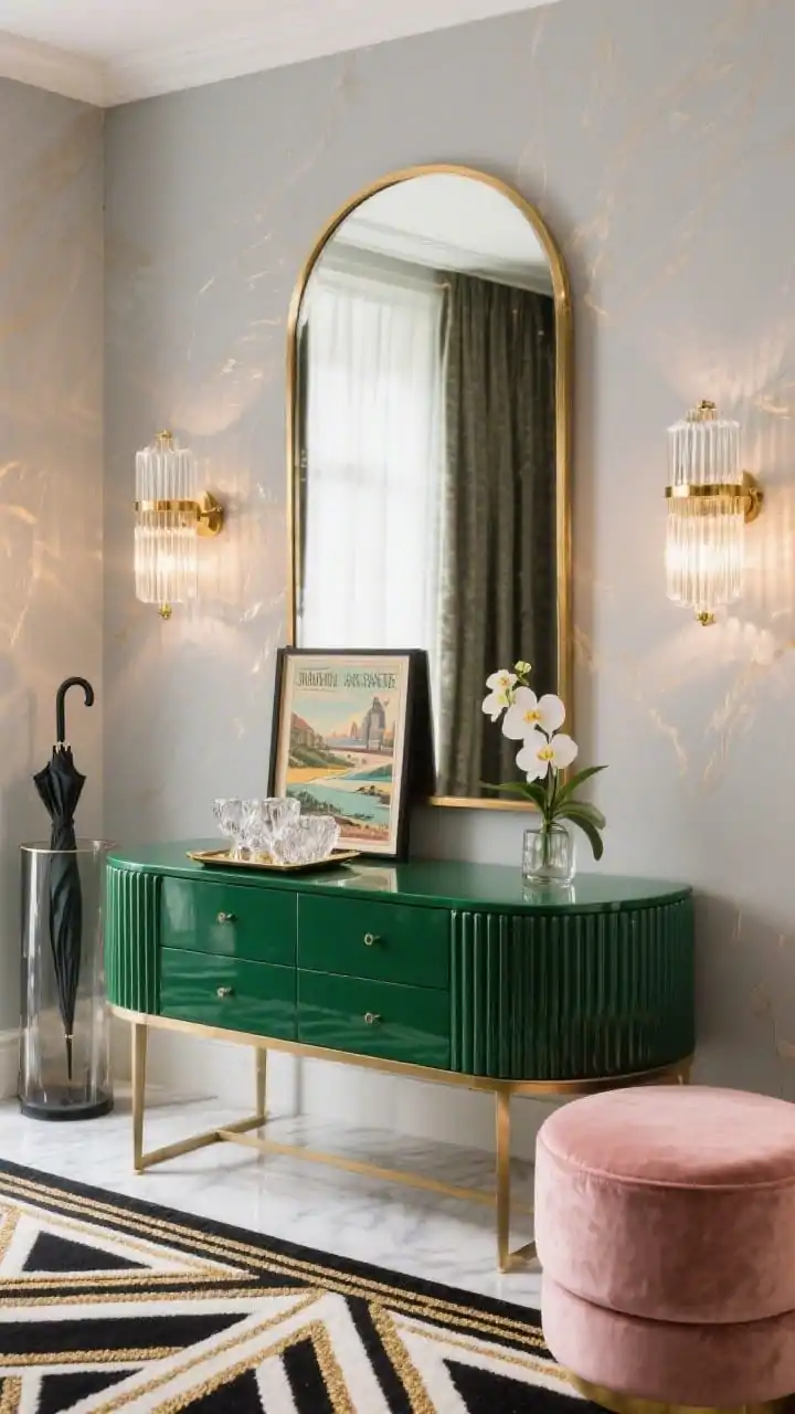 Photorealistic medium glam vignette of a Glam Art Deco Drop Zone: a lacquered emerald console with fluted drawer fronts beneath a large brass-framed arch mirror reflecting light. Walls in soft greige with a subtle metallic glaze that shimmers. On the console, a tray of cut crystal, a petite orchid, and a framed vintage travel poster. On one side, a smoked-glass vertical umbrella stand; on the other, a blush velvet round ottoman tucked partly under the console. Twin ribbed glass brass sconces flank the mirror, glowing warmly. Floor shows a geometric art deco runner in black, ivory, and gold thread. Polished, dramatic, organized; no people.