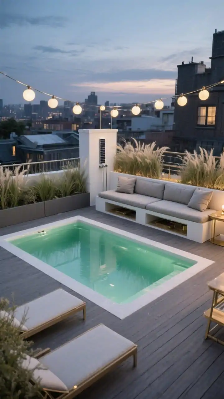 Photorealistic medium rooftop scene at twilight: a fiberglass plunge insert wrapped in composite decking on a flat roof, bordered by planter-box railings filled with ornamental grasses moving in the breeze. Along one edge, a bench-meets-daybed topped with waterproof cushions, with storage concealed under the seat. String soft globe lights overhead, position a slim solar outdoor shower nearby, and include two narrow loungers that tuck under the bench. Palette: slate gray, eucalyptus green, crisp white, soft brass. Boutique rooftop bar vibe, corner perspective to show space-saving layout.