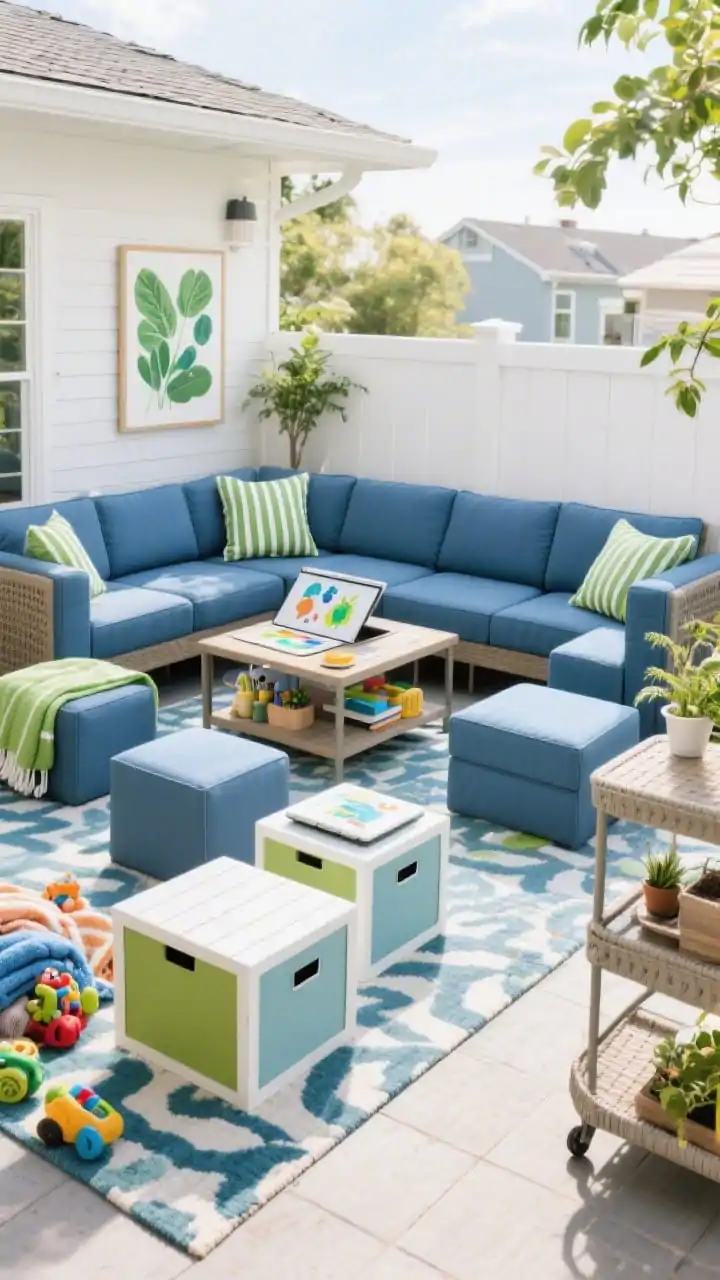 Photorealistic medium shot, family-first flex patio with modular pieces: a compact sectional with movable ottomans configured to show lounge-to-dining versatility; a lift-top coffee table partially raised as a kid-height art station/laptop desk; lidded storage cubes doubling as side tables corral toys and blankets; a durable reversible rug in playful pattern anchors the scene; a weatherproof bar cart nearby acting as a plant stand; color palette denim blue, crisp white, leaf green; outdoor-safe art and striped seat cushions visible; bright, cheerful daylight, straight-on perspective showing multifunction zones