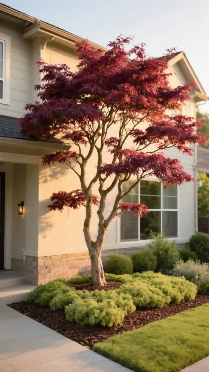 Photorealistic medium shot focusing on one bold feature plant as the star of the front yard: a Japanese maple with sculptural branching and rich burgundy foliage, placed at the corner of the front bed to frame the house. Underplanted with a carpet of low, soft green groundcovers for contrast. Minimal surrounding plants so the scale reads dramatic and intentional. Slight low angle to emphasize height and form, warm golden-hour light highlighting leaf texture and color, clean mulch, no people.