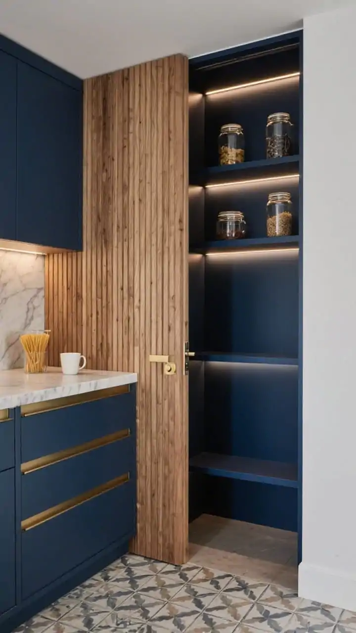 Photorealistic medium shot from a corner angle of a hidden pantry door seamlessly integrated into a vertical slatted oak wall with a push-latch, slightly ajar to reveal a moody navy matte pantry interior; inside, matching navy adjustable shelves on three sides, warm under-shelf lighting making glass jars glow, slim marble-look quartz counter with a demitasse cup and decanted pasta, brass edge pulls on cabinetry, patterned encaustic tile floor adding a playful note; clean-lined modern apartment vibe, no people.