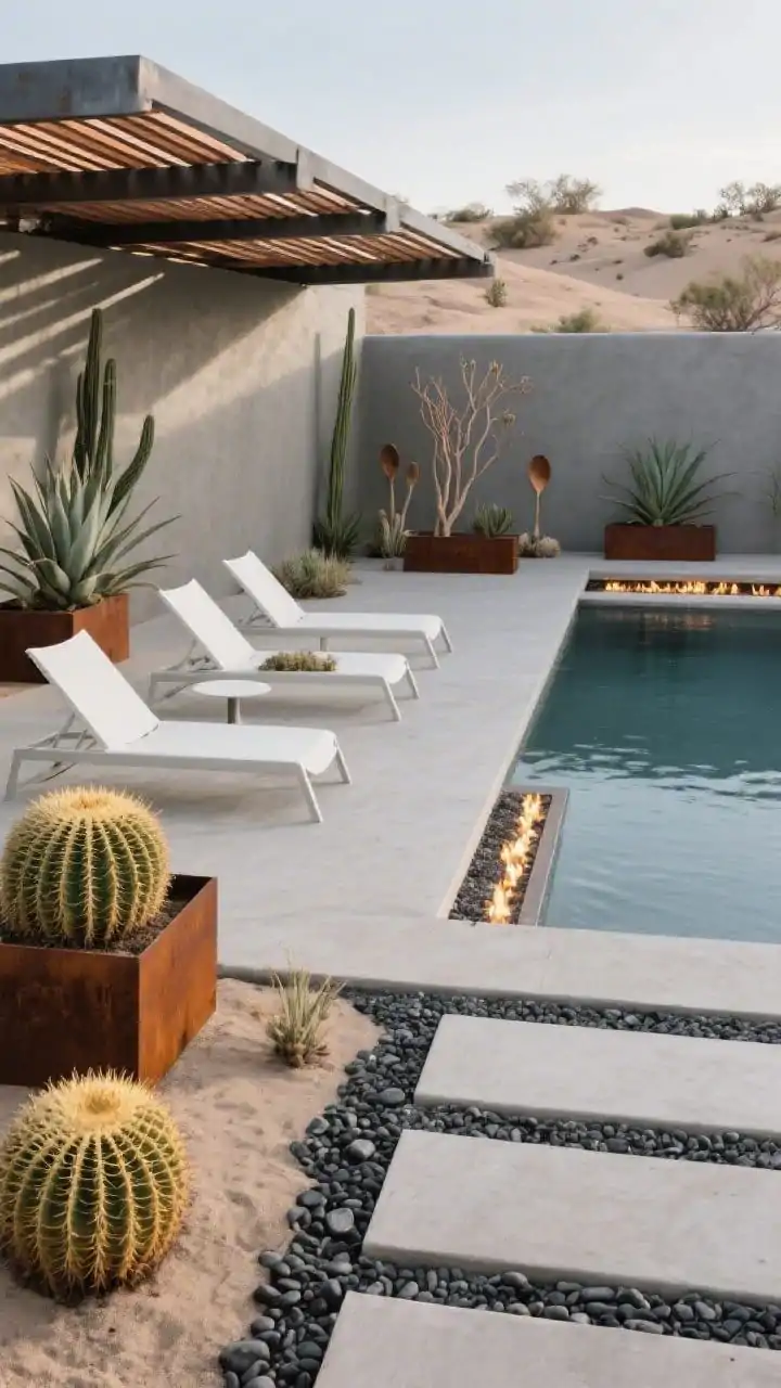 Photorealistic medium shot from a corner angle of a desert modern poolscape: graphite plaster pool next to smooth concrete pads separated by decomposed granite or black pebbles. Sculptural plantings of agave, golden barrel cactus, ocotillo, and desert spoons punctuate the scene. Crisp white sling loungers face a linear gas fire strip; Corten steel planters add rust tones. A steel pergola with slatted roof throws cinematic shadows across the sand, rust, graphite, and sage palette. Materials: concrete, steel, gravel, plaster.