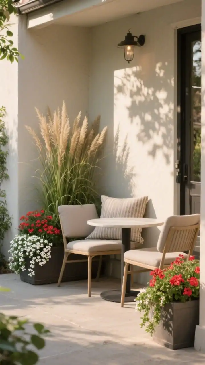 Photorealistic medium shot from a corner angle of a welcoming mini seating nook: a petite café bistro table with two chairs tucked near the entry under dappled shade, anchored by matching planters on each side; containers styled with thriller-spiller-filler upright ornamental grass (thriller), trailing white bacopa (spiller), and red geraniums (filler); a single outdoor pillow in weather-safe fabric; restrained palette of two colors plus greenery; late afternoon warm light creating inviting shadows, no people.