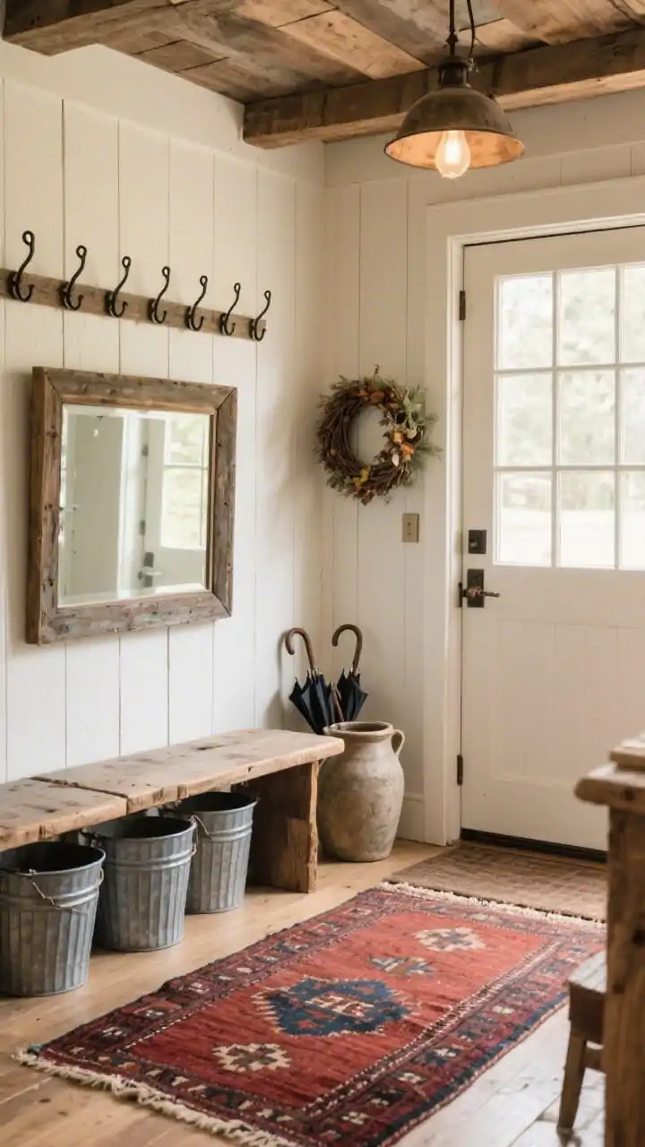 Photorealistic medium shot from a doorway perspective of a rustic farmhouse welcome: board-and-batten walls painted warm white; sturdy reclaimed wood bench with galvanized metal baskets tucked below; overhead vintage barn light and a row of iron hooks for practicality; large antique window frame mirror bouncing light; handwoven kilim runner in earthy reds and indigos along the floor; seasonal wreath on the wall and a stoneware crock for umbrellas near the door; homey, rugged, lived-in atmosphere; no people.