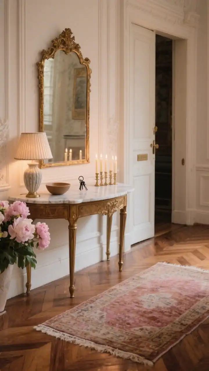 Photorealistic medium shot from a slight corner angle of a classic Parisian entrance: warm walnut chevron wood floors, cream walls with delicate wall moulding; petite marble-topped console with antique brass legs; an aged gilded mirror above with gentle patina; on the console a fluted ceramic lamp, a small bowl for keys, and a cluster of tapered candles; a vintage rug in faded rose and tobacco tones softening the floor; a fresh bouquet of peonies; elegant, timeless, romantic mood with soft evening glow; no people.