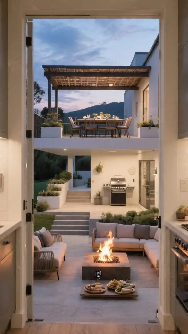 Photorealistic medium shot from the kitchen-door vantage point showing a split-level flow: an upper dining tier with a pergola overhead, a rectangular dining table set, and planter boxes acting as soft railings separating levels; one step down to a lower lounge tier featuring a fire pit fueled by propane or natural gas with seating arranged for unwinding; open sky over the fire zone; evening light with gentle shadows; tidy traffic path for platters and grill up top, relaxed vibe below