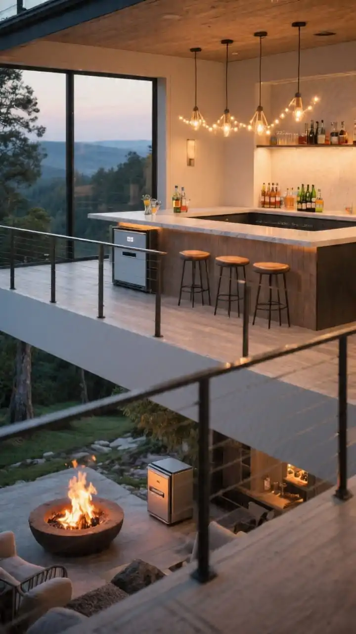 Photorealistic medium shot from upper deck showing a built-in bar ledge along the railing with a narrow counter and backless stools, overlooking a lower-tier fire pit like nature’s TV; a compact beverage fridge or cooler drawer tucked into the upper tier; dim-to-warm pendants or string lights casting a cozy glow without overpowering the view; clean, modern cocktail-lounge energy; no people, fire flicker visible below