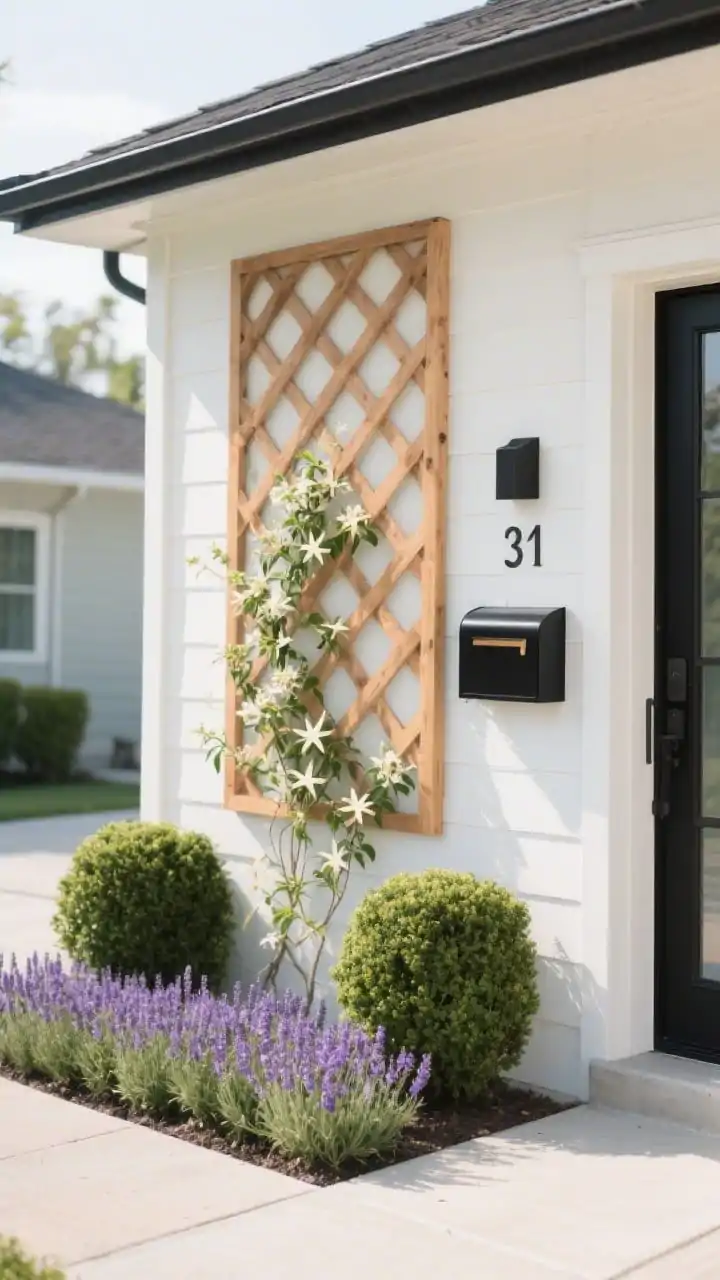 Photorealistic medium shot highlighting added vertical structure at the front: a simple cedar wood trellis grid mounted on a porch wall with young star jasmine beginning to climb; a neat low hedge of lavender along the front edge kept at 12–18 inches for modern curb appeal; and a small mailbox vignette framed by two dwarf boxwoods with a slim trellis panel behind for extra architecture. Clean trims, cohesive black accents on mailbox and house numbers. Slight corner perspective, bright natural daylight, emphasis on vertical lines and tidy geometry, no people.