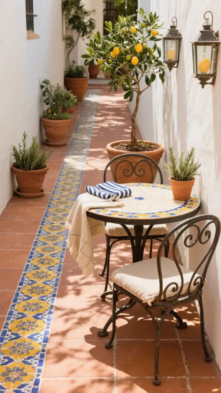 Photorealistic medium shot, Mediterranean courtyard: a mosaic-tile bistro table with two iron scroll-back chairs featuring sun-washed seat pads; surrounding terra-cotta pots planted with olive, rosemary, and a dwarf citrus tree; a patterned outdoor runner in a tile motif visually elongating the narrow space; accents include clay lanterns, striped napkins, and a casual linen table throw; warm, earthy palette of terracotta, saffron, azure, and creamy white; late-afternoon sun with sharp, dappled shadows; angled view down the runner, no people.
