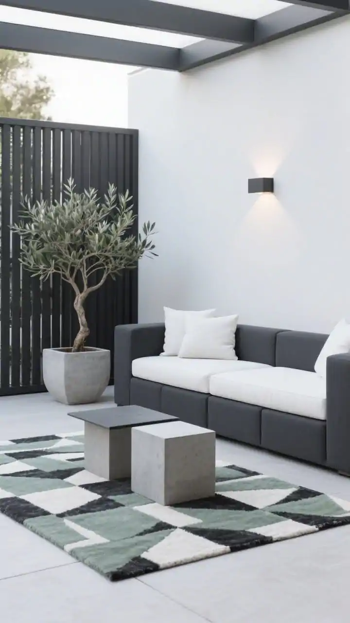 Photorealistic medium shot, modern minimal: a low-slung modular bench in matte charcoal with crisp white cushions, two cube side tables pushed together as a coffee table, a slatted privacy screen backdrop with a single sculptural plant potted olive tree in a concrete planter; tight palette of charcoal, white, and a muted sage accent; geometric outdoor rug in monochrome; sleek outdoor sconce providing a soft directional glow; straight-on composition emphasizing clean lines, no people.