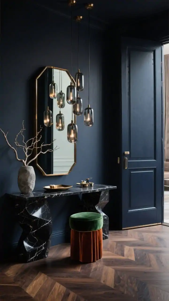 Photorealistic medium shot, moody lighting, of a modern luxe entrance: walls in deep charcoal or midnight blue; dark-stained herringbone wood floor; bold black marble sculptural console; tall bronze-framed mirror doubling depth; cluster of smoked glass pendants at staggered heights creating reflective highlights; plush velvet stool in emerald or rust near the console; sleek trinket tray and an architectural branch in a stone vase; dramatic, tailored, high-contrast vibe; no people.